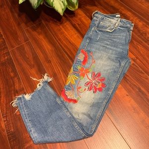 Zara embroided denim high-waisted fringe hems